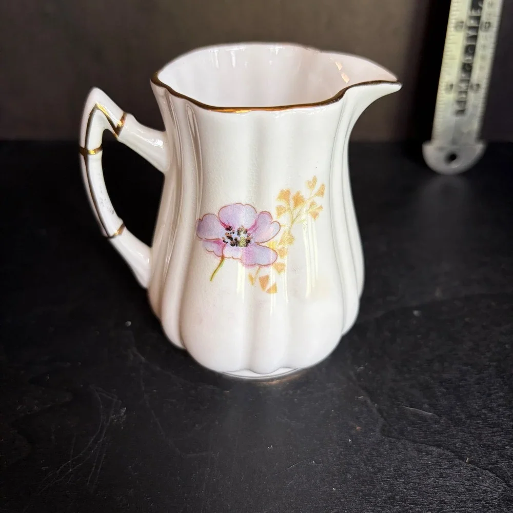 Victoria C&E Bone China Creamer Pitcher England Floral Gold Trim Fluted Vintage